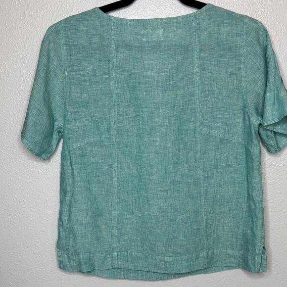 Poetry Pin Tuck Yarn Dyed Linen Soft Bay Green Short Sleeve Top - Picture 10 of 13